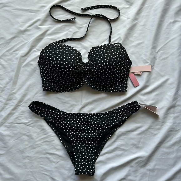 Victoria’s Secret Zuma Bikini 36D Top & Large Bottoms Set Black White Polka Dot - Picture 5 of 16